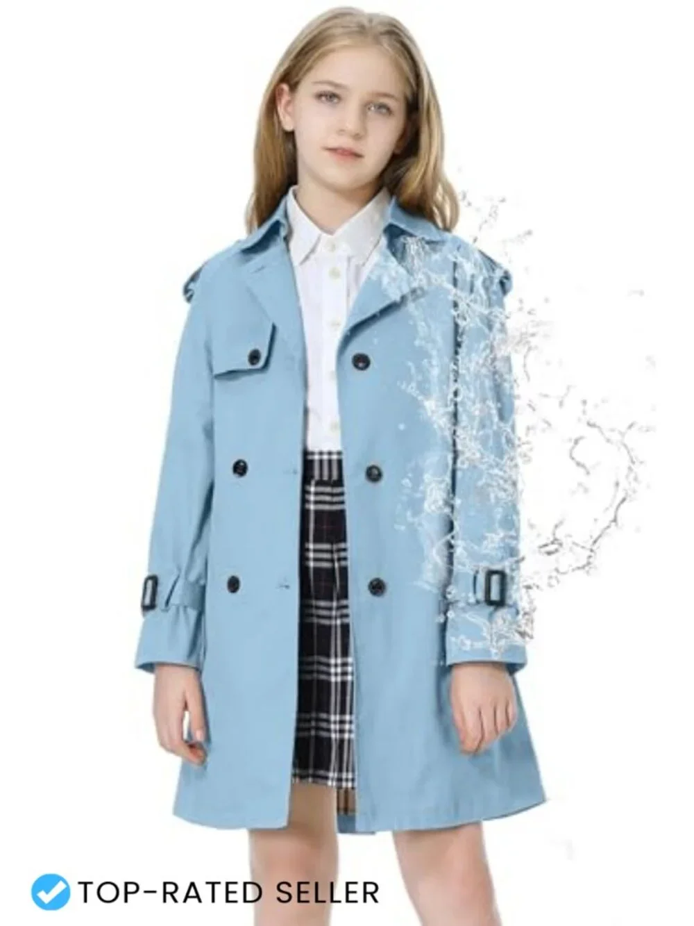 Girls Mid-Length Double Breasted Trench Coat Waterproof Windbreaker